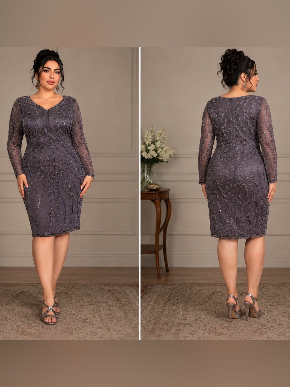 J Kara Brown Beaded Long Sleeve Evening Dress